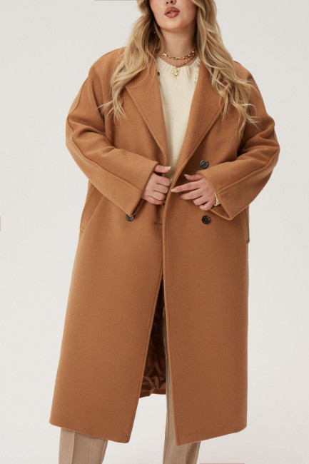 Бежевое двубортное пальто из смесовой шерсти с ворсом