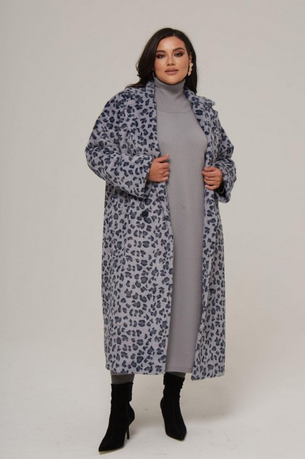 Двубортное пальто из экомеха с принтом леопард в ассортименте в магазине одежды больших размеров для женщин