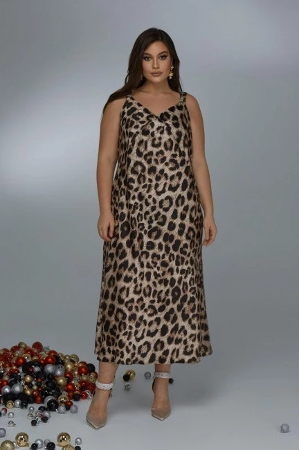 Платье слип А-силуэта на лямках с принтом леопард